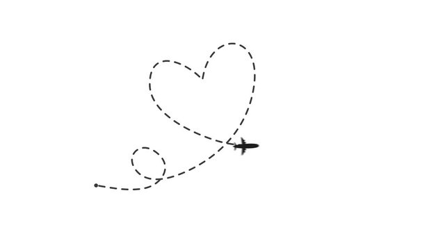 Animation of one dashed line drawing of passenger airplane and heart sign label