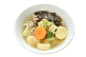 boiled egg tofu with minced pork and cabbage topping seaweed soup on bowl