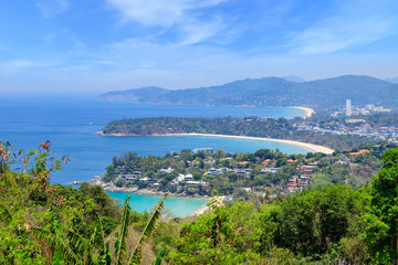 Fototapeta na wymiar Magnificent scenic view over beautiful Andaman sea and 3 bays at Karon Viewpoint, Phuket, Thailand