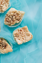 Baklava dessert. Pastry made of layers of filo filled with chopped nuts and sweetened and held together with syrup or honey