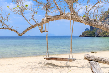 Wooden swing hang under tree on beach at Koh Phak Bia Island, Krabi, Thailand