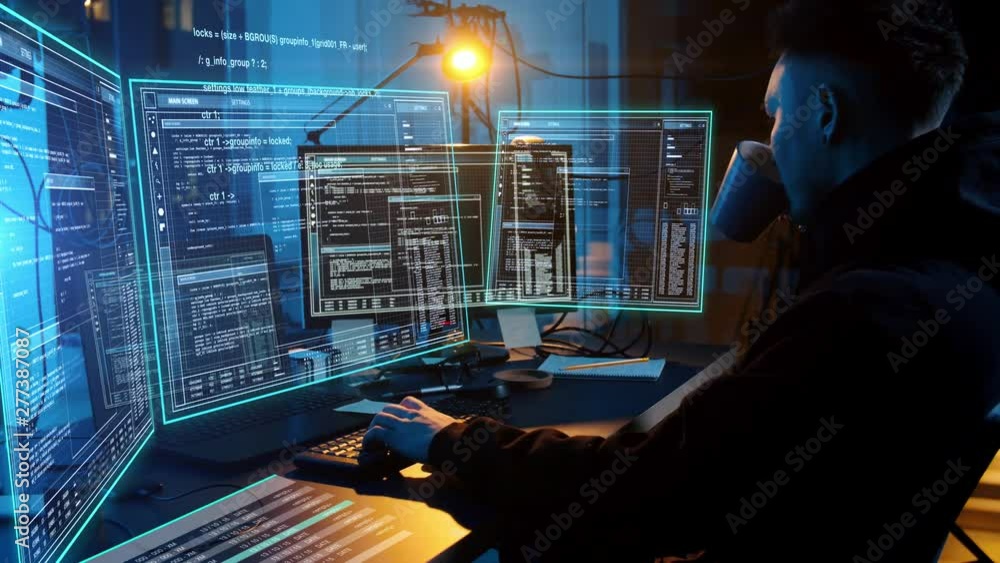 Poster cybercrime, hacking and technology concept - asian male hacker in dark room writing code or using co