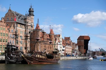 Poland, Gdansk - galleon ships and other boats by the bank of Motlava canal in Old City