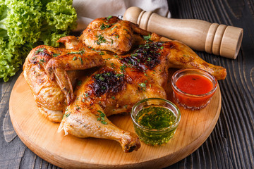 Roasted chiken on wooden board with sauce