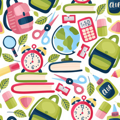 Seamless vector pattern with school supplies in a flat style. School bag, books, globe, scissors, alarm clock, magnifier, sharpener and calculator on a white background.
