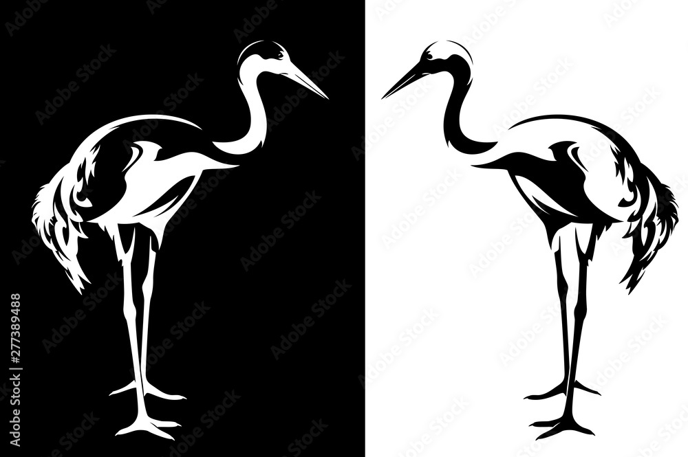 Wall mural standing japanese crane bird - black and white animal elegant vector outline