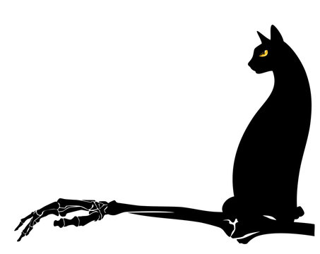 black cat sitting with human skeleton hand - halloween theme witchcraft vector design