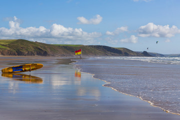 Lifeguard surfboard on Newgale Beach, Wales UK