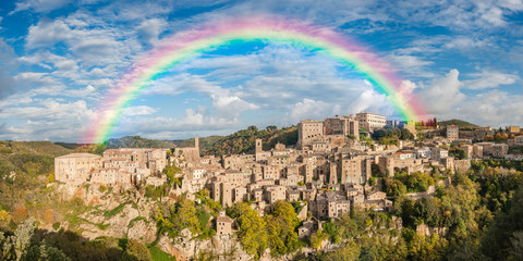 Italian Town Sorano and rainbow