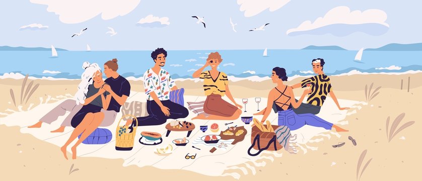 Group of happy friends at picnic on seashore. Young smiling men and women eating food on sandy beach. Cute funny people having lunch together on sea shore. Flat cartoon colorful vector illustration.