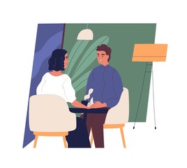 Happy smiling boy and girl sitting at cafe table and talking or chatting. Cute young man and woman on romantic date or friendly meeting. Everyday life scene. Modern flat cartoon vector illustration.