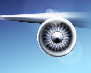 Turbine engine jet for airplane with fan blades in a circular motion. illustration for aircraft industry. Close-up on blue background