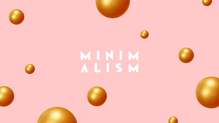 Abstract geometric background with gold ball and spheres. Minimal trendy poster and banner. Realistic golden metallic round and semicircular shapes of objects. 3d design elements. Backdrop geometry.
