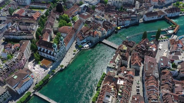 Aerial view of cityscape of Lucerne, beautiful Swiss historic city - landscape panorama of Switzerland from above, Europe