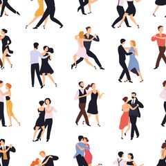 Fototapeta na wymiar Seamless pattern with elegant couples dancing tango or milonga on white background. Backdrop with pairs of people performing dance. Flat cartoon vector illustration for textile print, wallpaper.