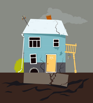 Small Family House With Foundation Problems, EPS 8 Vector Illustration