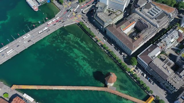 Aerial view of cityscape of Lucerne, historic centre of city, famous landmark Chapel Bridge (Kapellbr&uuml;cke) across river Reuss - landscape panorama of Switzerland from above, Europe