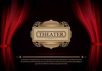 Dark red curtain scene gracefully. Cover with vertical motion blur and text. Like curtains in theater. Elegance vector backdrop with vintage sign