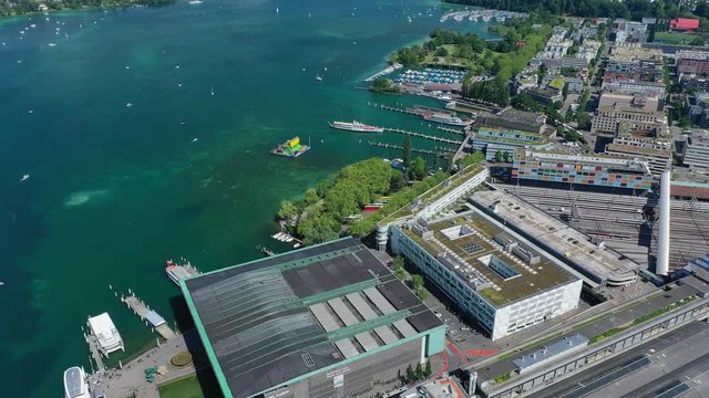 Aerial view of cityscape of Lucerne, lakeside part of city, crystal clear waters of lake Lucerne (Vierwaldstattersee) - landscape panorama of Switzerland from above, Europe