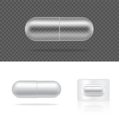 Mock up Realistic Transparent Pill Medicine Capsule Panel on White Background Vector Illustration. Tablets Medical and Health Concept.