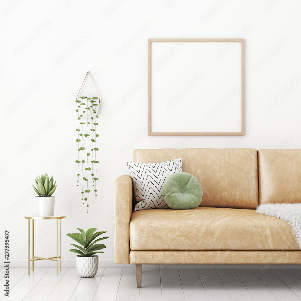 Fototapete Poster mockup with square frame on empty white wall in living room interior with tan brown leather sofa, round pillow and plants in pots. 3D rendering, illustration.