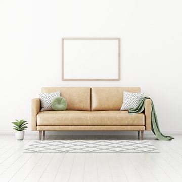 Poster mockup with horizontal frame on empty white wall in living room interior with tan brown leather sofa, round pillow, green plaid, plant in pot and rug. 3D rendering, illustration.