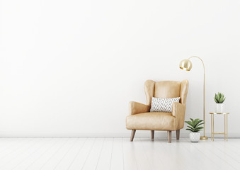 Living room interior wall mockup with tan brown leather armchair, pillow, green plants in pots, coffee table and brass floor lamp on empty white wall background. 3D rendering, illustration. - obrazy, fototapety, plakaty