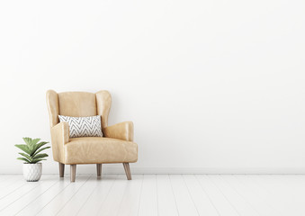 Living room interior wall mockup with tan brown leather armchair, pillow and green plant in pot on empty white wall background. 3D rendering, illustration.
