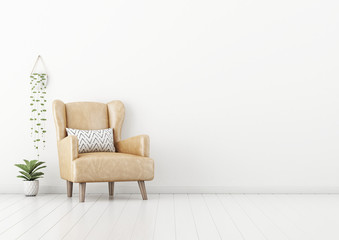 Living room interior wall mockup with tan brown leather armchair, pillow and green plants in pots and hanger on empty white wall background. 3D rendering, illustration.