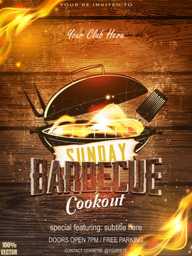 BBQ party invitation template on wooden. Summer Barbecue weekend flyer. Grill vector design with grill elements. Vector design for celebration, invitation, greeting card.