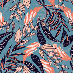 Abstract seamless background with colorful tropical leaves and bright plants on blue background. Vector design. Jungle print. Floral background. Printing and textiles. Exotic tropics. Fresh design.