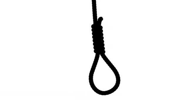Black silhouette of a Hangman's noose on white background. A rope with a knot for suicide or execution by hanging, swings from side to side like a pendulum. Seamless loop 3D animation.