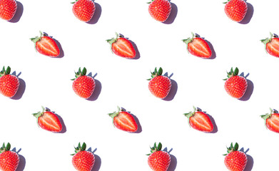 Strawberry seamless pattern on the noon light. Top view fresh berries on the white background