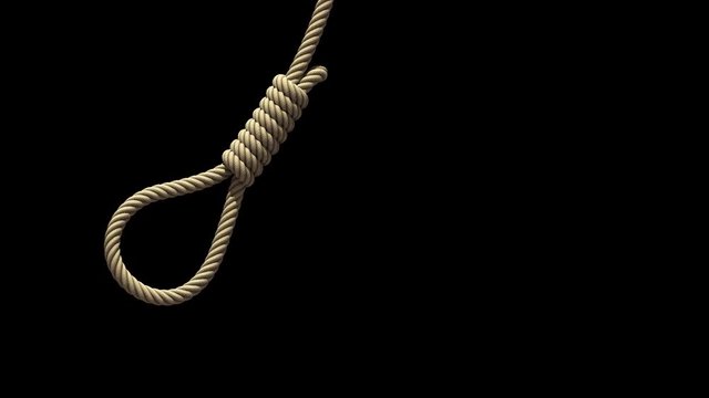 Hangman's noose, 3D animation. A rope with knot for hanging swings from side to side like a pendulum, seamless loop. Transparent background ProRes 4444 with alpha channel in 4k UHD resolution version.