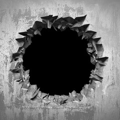 Dark cracked broken hole in concrete wall. Grunge background