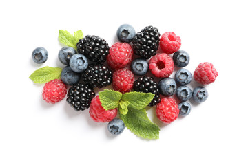 Flat lay composition with berries on white background, space for text