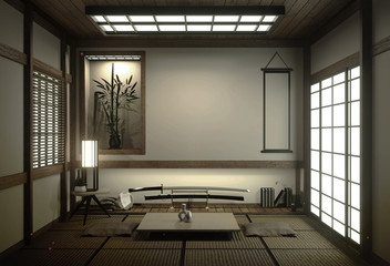 Japan room with tatami mat floor and decoration japan style was designed in japanese style.3d rendering