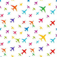 Airplane seamless background. Aircraft transportation colorful pattern template. Aviation vector repeatable texture.