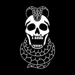 Skull and dangerous snake on black background