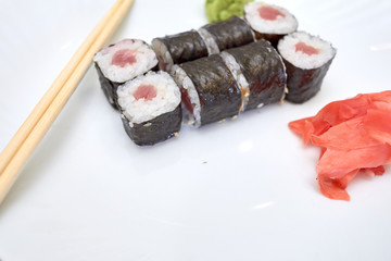 Sushi set. Set of different sushi with seafood. Sushi rolls with different fillings. A dish of traditional Japanese cuisine. Rolls with a variety of seafood. Rolls with oceanic fish and vegetables.