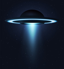Unidentified flying object. UFO flying on the horizon night sky. Futuristic ufo on Space stars background. © lauritta