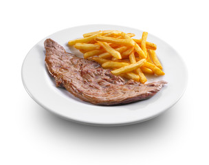 filete con patatas sobre fondo blanco. steak with potatoes on white background.