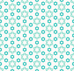 Vector abstract geometric pattern with flower shapes, stars. Turquoise and white