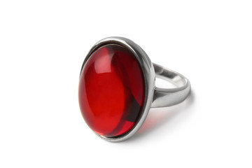 Silver ring with big red amber inside