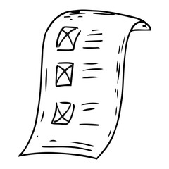 Voting ballot, form, list icon. Vector illustration of a ballot paper with a mark. Blank with a cross mark, a document, a sheet of paper with text.