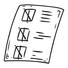 Voting ballot, form, list icon. Vector illustration of a ballot paper with a mark. Blank with a cross mark, a document, a sheet of paper with text.