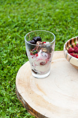 Vanilla and strawberry ice cream with fresh fruits