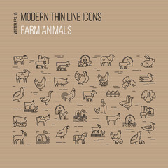 Modern thin line icons set of farm animals isolated on brown background.