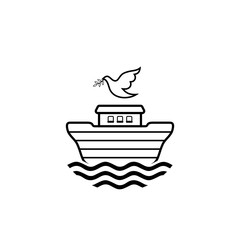 Logo of Noah's Ark. Dove with a branch of olive. Ship to rescue animals and people from the Flood. Biblical illustration.