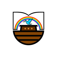 Logo of Noah's Ark. Rainbow - a symbol of the covenant. Dove with a branch of olive. Ship to rescue animals and people from the Flood. Biblical illustration.